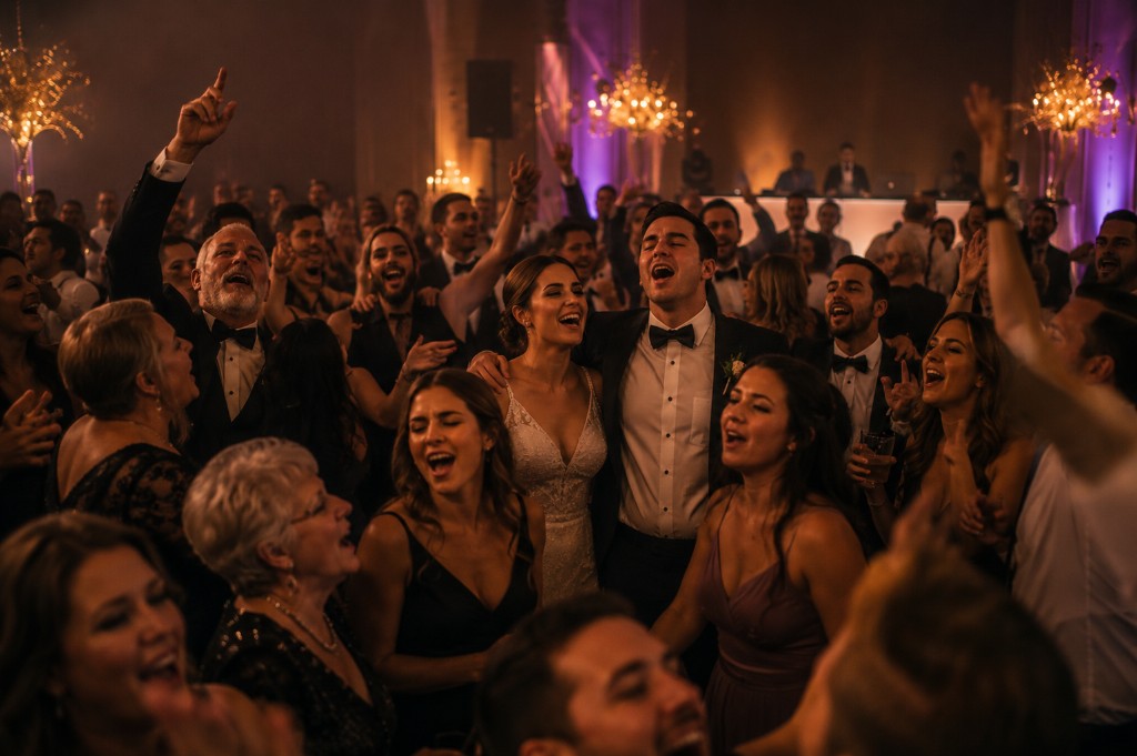 Wedding guests singing together on the dance floor